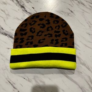 Leopard Beanie with Neon Yellow Stripe